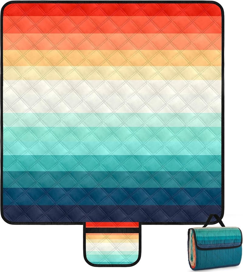 BEW Waterproof Picnic Blankets,79''x79'' Extra Large Foldable Sandproof Beach Blanket,Portable 3-Layer Polyester Outdoor Picnic Blanket for Grass Lawn,Beach,Family Camping,Park,Travel-Rainbow Stripe - Image 1